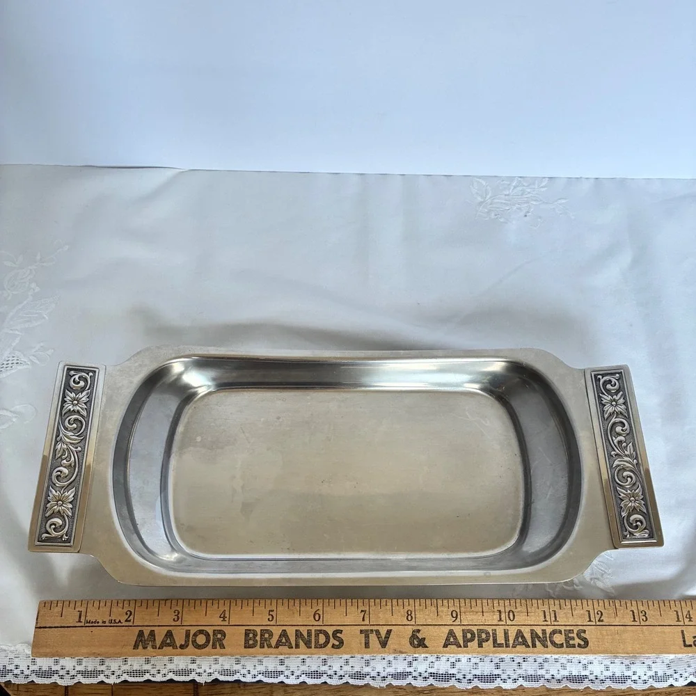 Vtg International Decorator Stainless Tray Floral Scroll Handle MCM Chic Retro